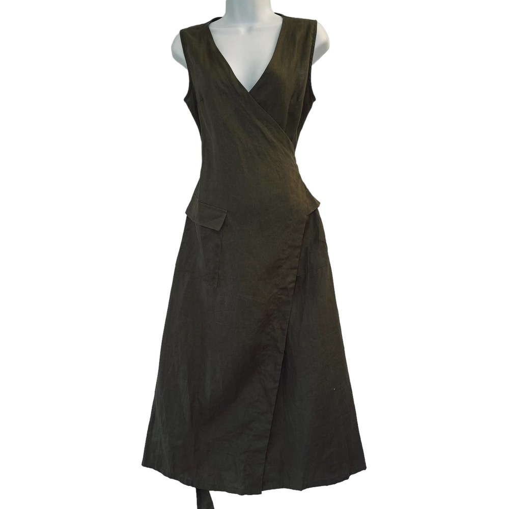 Luxmii Safari Linen Wrap Dress Khaki Women's XS Midi Olive Green 100% Linen